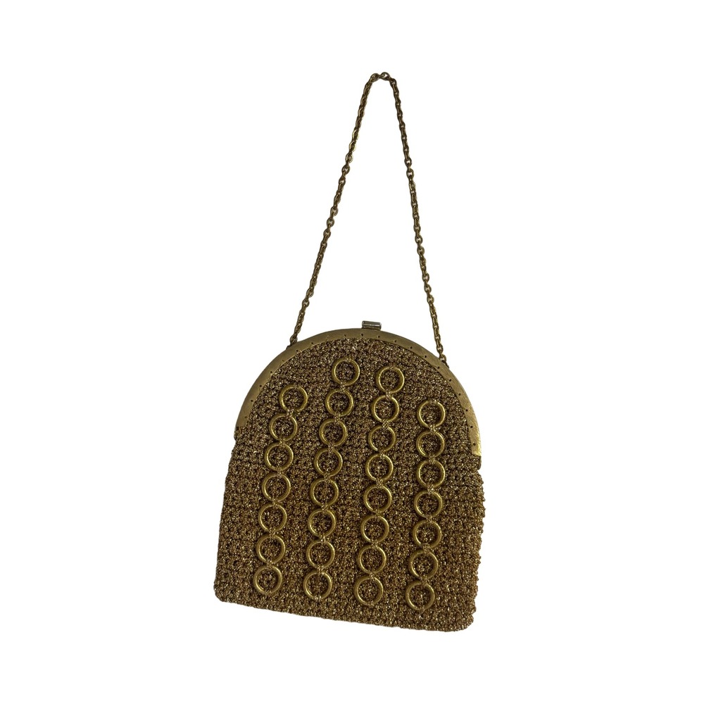 Vintage Mid Century Gold Metallic Knit Evening Bag Ring Overlay Chain Strap
